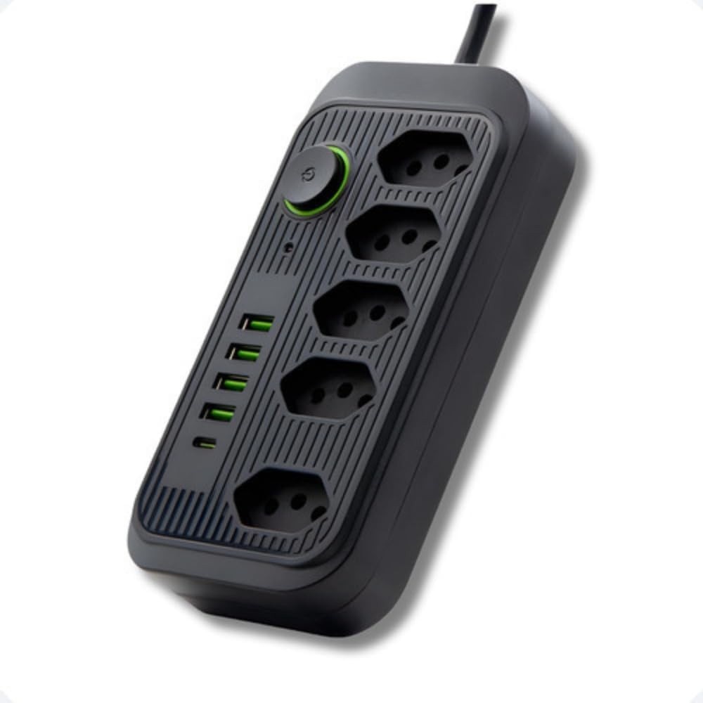 Extensão Inteligente 5 Tomadas + 4 USB + 1 USB-C 2500W 2m - Preto