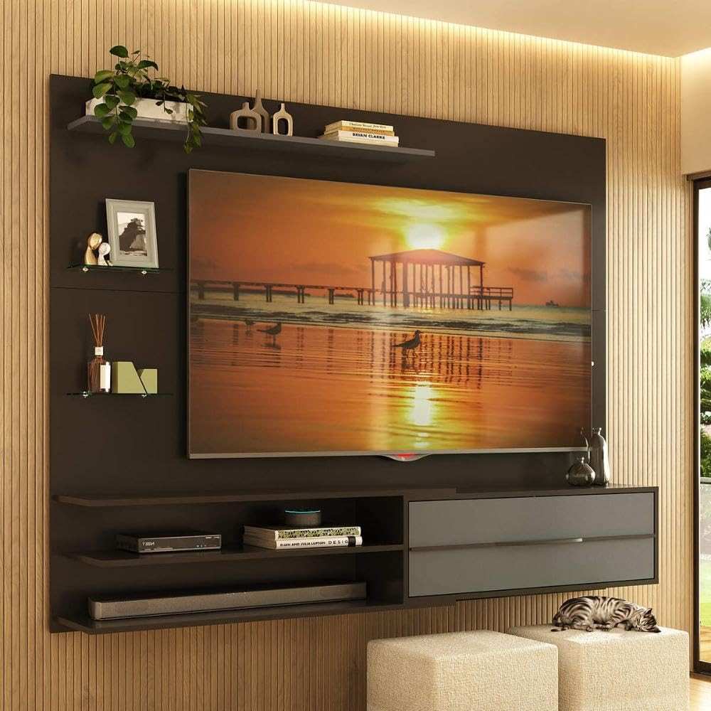 Painel para TV até 65" com 1 Porta e Prateleiras Multimóveis MP1064 - Design Moderno em Preto Grafite