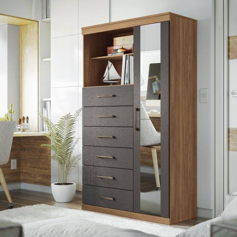 Multi-cômoda 1 Porta 6 Gavetas Marabá com Espelho em Jatobá e Grafite - Design Moderno e Funcionalidade