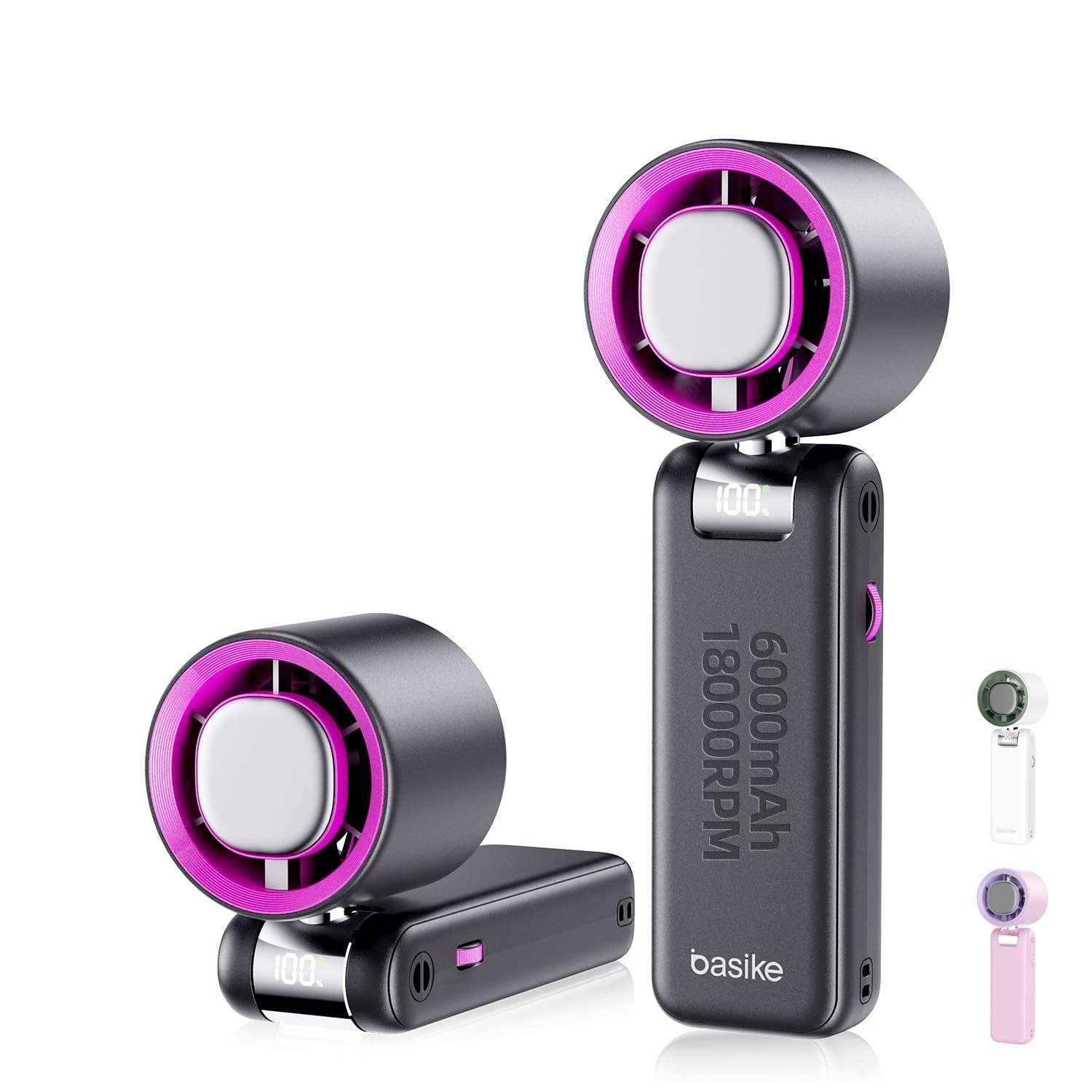 Basike Ventilador de Mão Portátil Recarregável com Display Digital, 100 Níveis de Velocidade, Função Resfriamento, 6000mAh, 180° Ajustável
