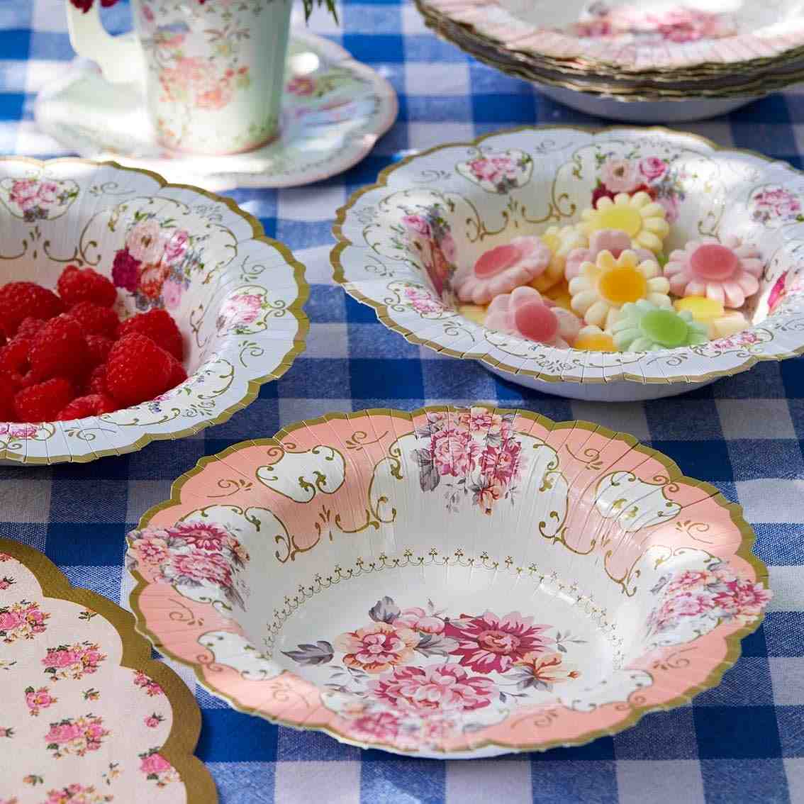 Tigelas Descartáveis Florais Vintage Truly Scrumptious - 12 Unidades Azul/Rosa | Ideal para Festas de Chá e Aniversários