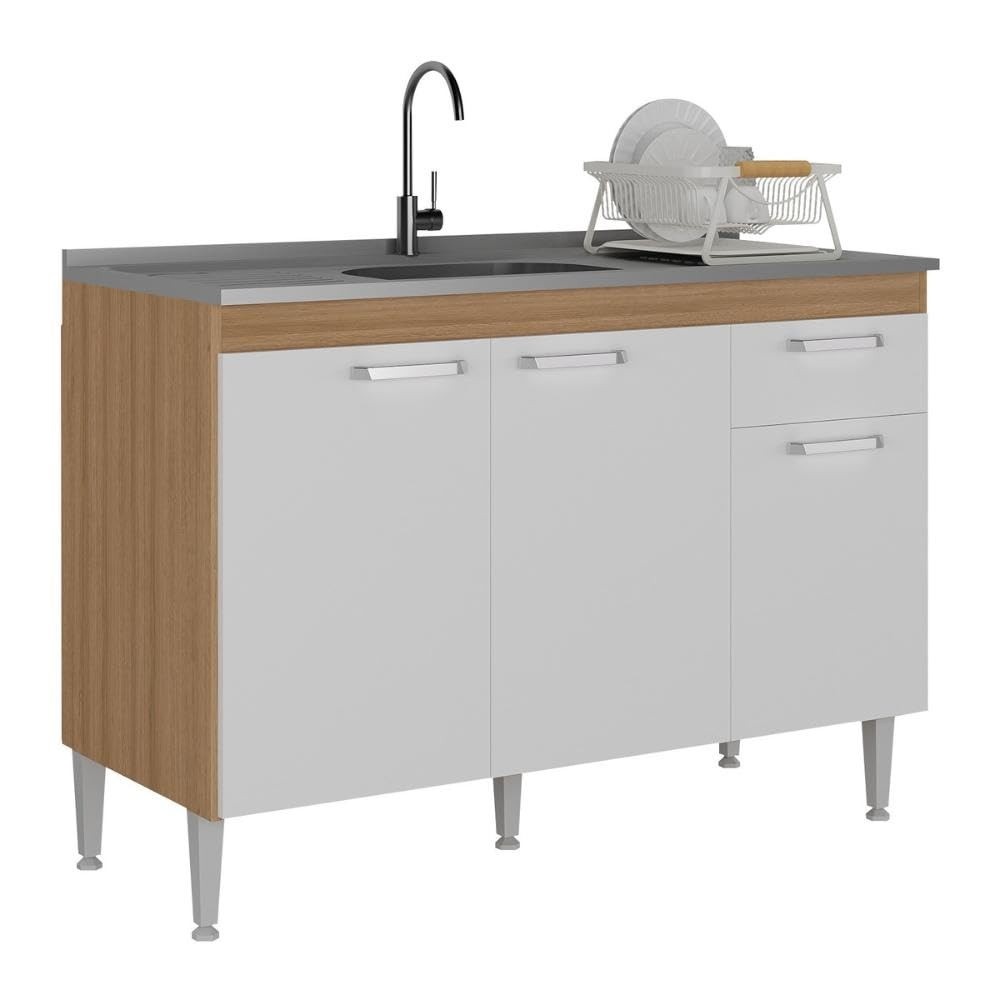 Balcão de Cozinha Paris 120cm com Acabamento Rustic e Branco - Design Moderno e Funcional