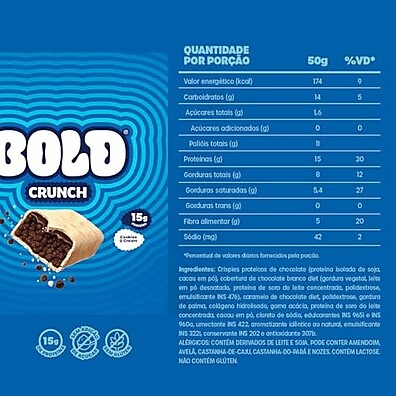 BOLD Crunch Cookies & Cream: 12x Barra Proteína 15g