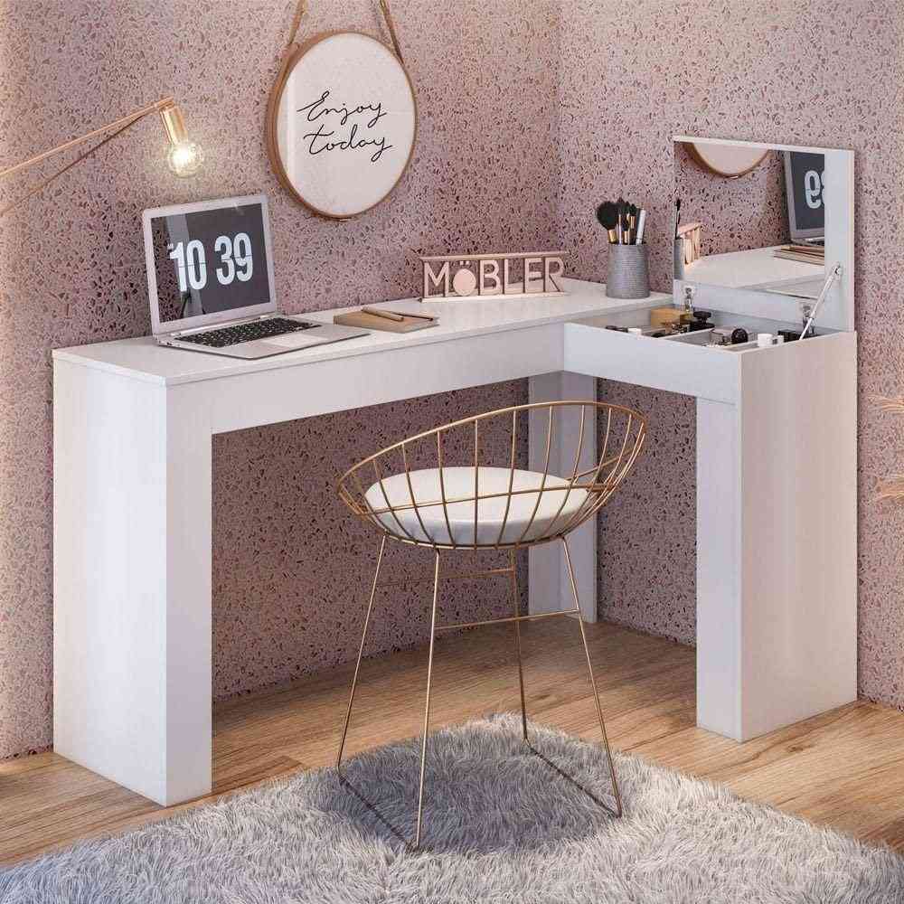 Escrivaninha Penteadeira em L com Porta Objetos 135cm Jade Belaflex Branco - Design Moderno e Funcional