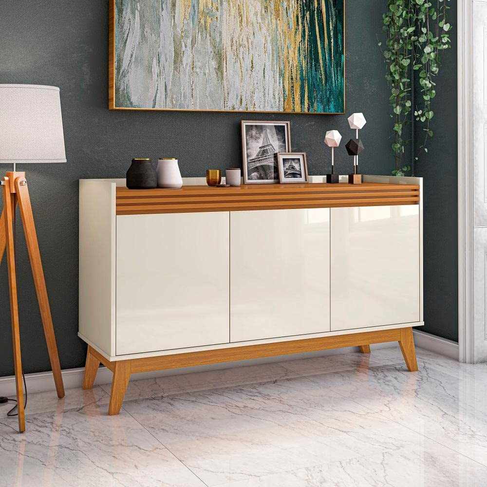 Buffet Aparador 3 Portas Ripado Astúrias 136cm - Design Moderno com Pés em Madeira Maciça
