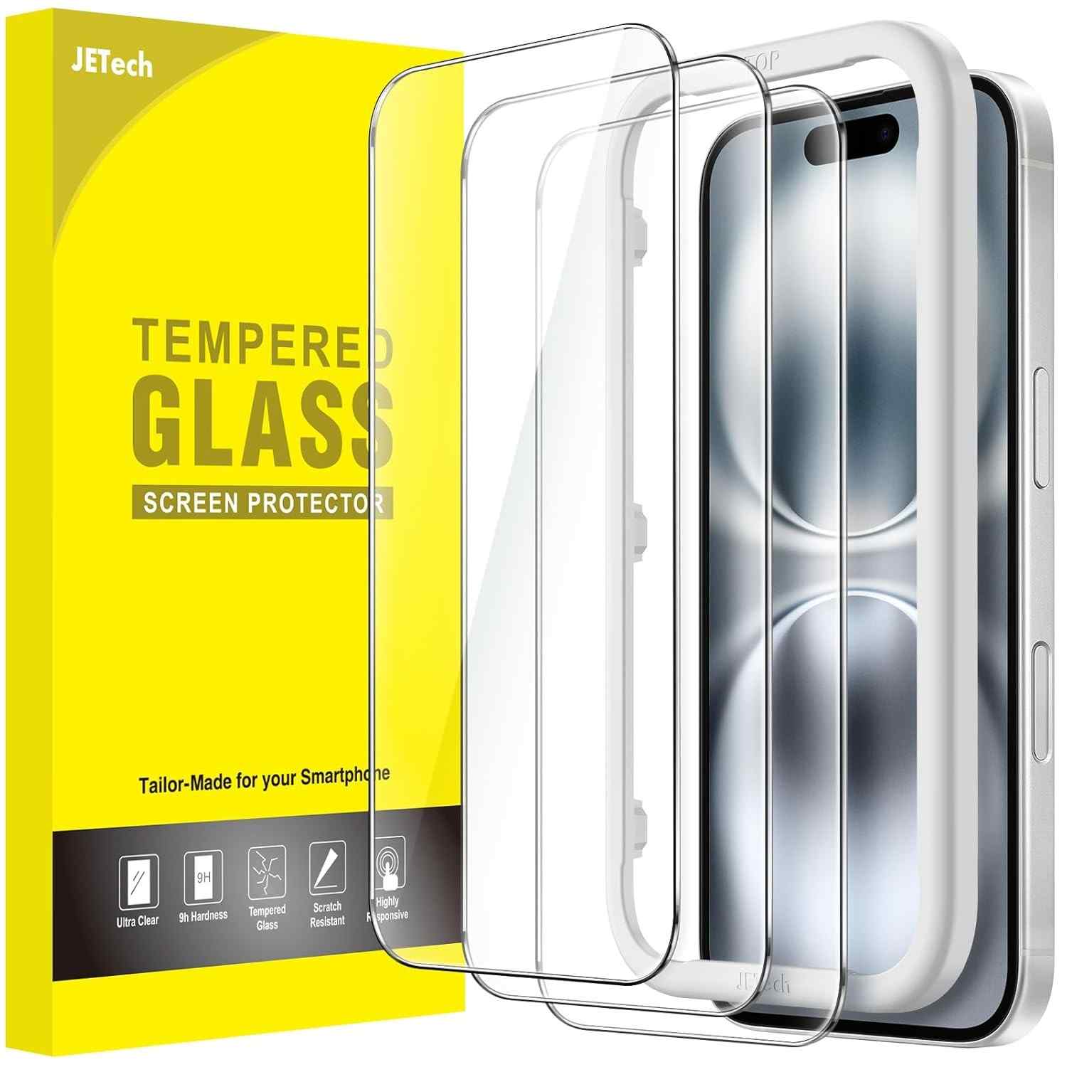 JETech Película de Vidro iPhone 16 6.1" - Proteção Premium com Instalação Fácil (3 Unidades)