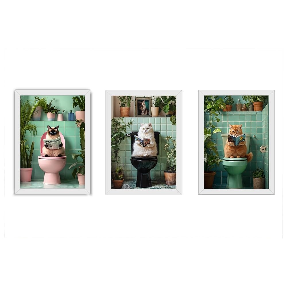 Kit 3 Quadros Decorativos 18x24 cm com Moldura de Madeira e Vidro - Tema Gatos para Banheiro e Lavabo (Branco)