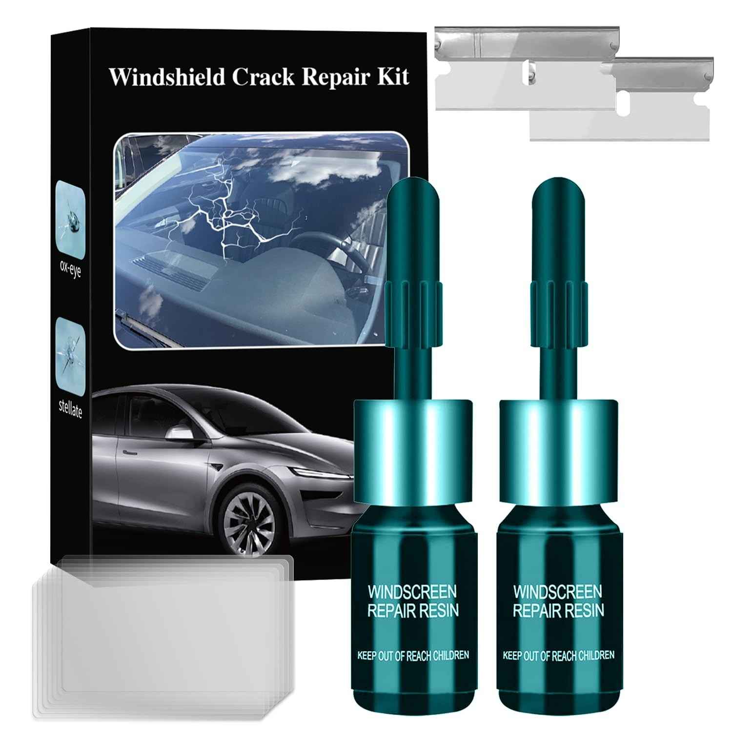 Kit Reparo Rachadura Vidro Carro: Solução Rápida 2 Frascos para Para-brisa - Azul Ciano