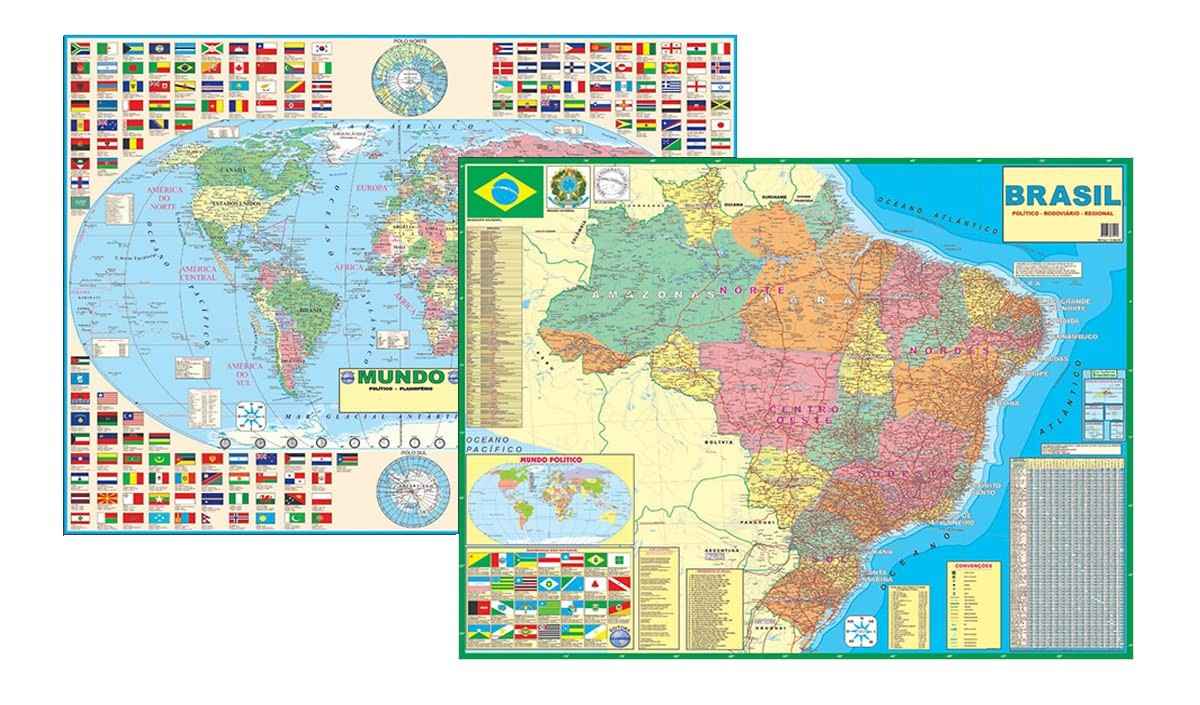 Kit 2 Mapas Gigantes 120x90cm: Brasil Político e Mapa Mundi Atualizado