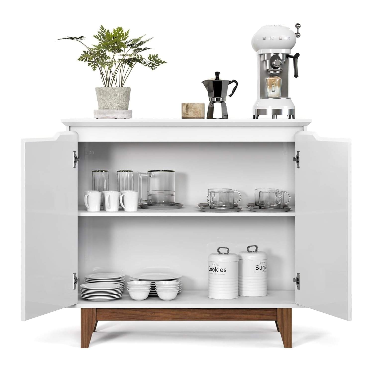 Buffet Flow 2 Portas com Prateleira Ajustável - Design Moderno em Madeira para Sala de Jantar (Branco)