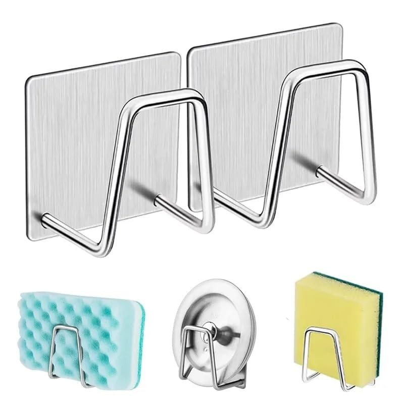 Kit 2 Ganchos Suporte para Esponja em Aço Inox – Adesivo Fácil, Sem Furos, para Pia da Cozinha