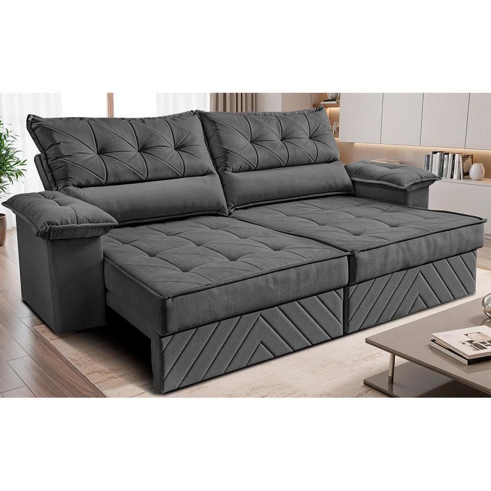 Sofá Retrátil e Reclinável 2,10m com Molas e Espuma D33 Thunder Velusoft Cinza - Conforto Premium com Design Moderno