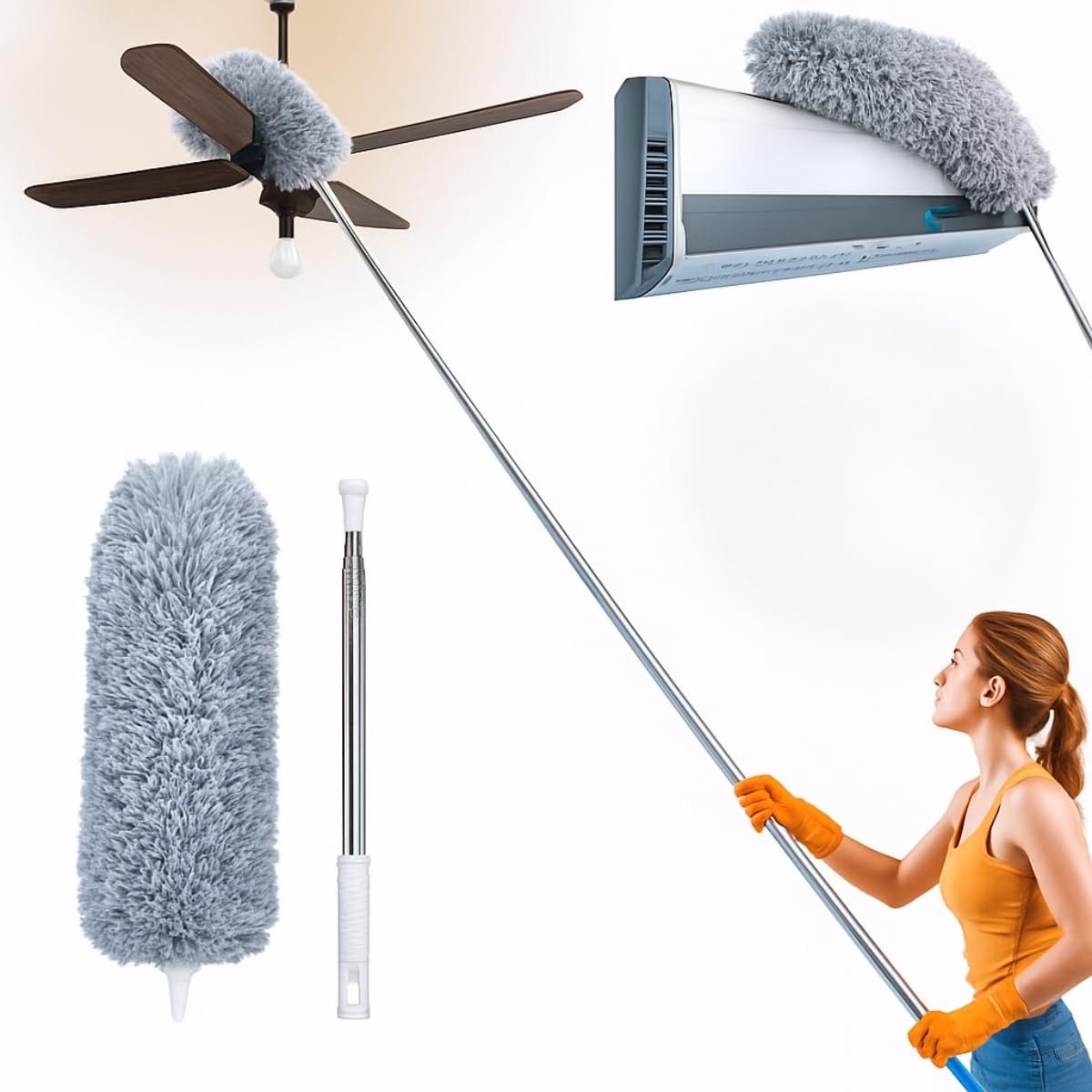 Espanador Extensível 2,5m Premium com Microfibra Lavável – Haste Inox Flexível para Limpeza de Teto, Ventilador e Locais Altos