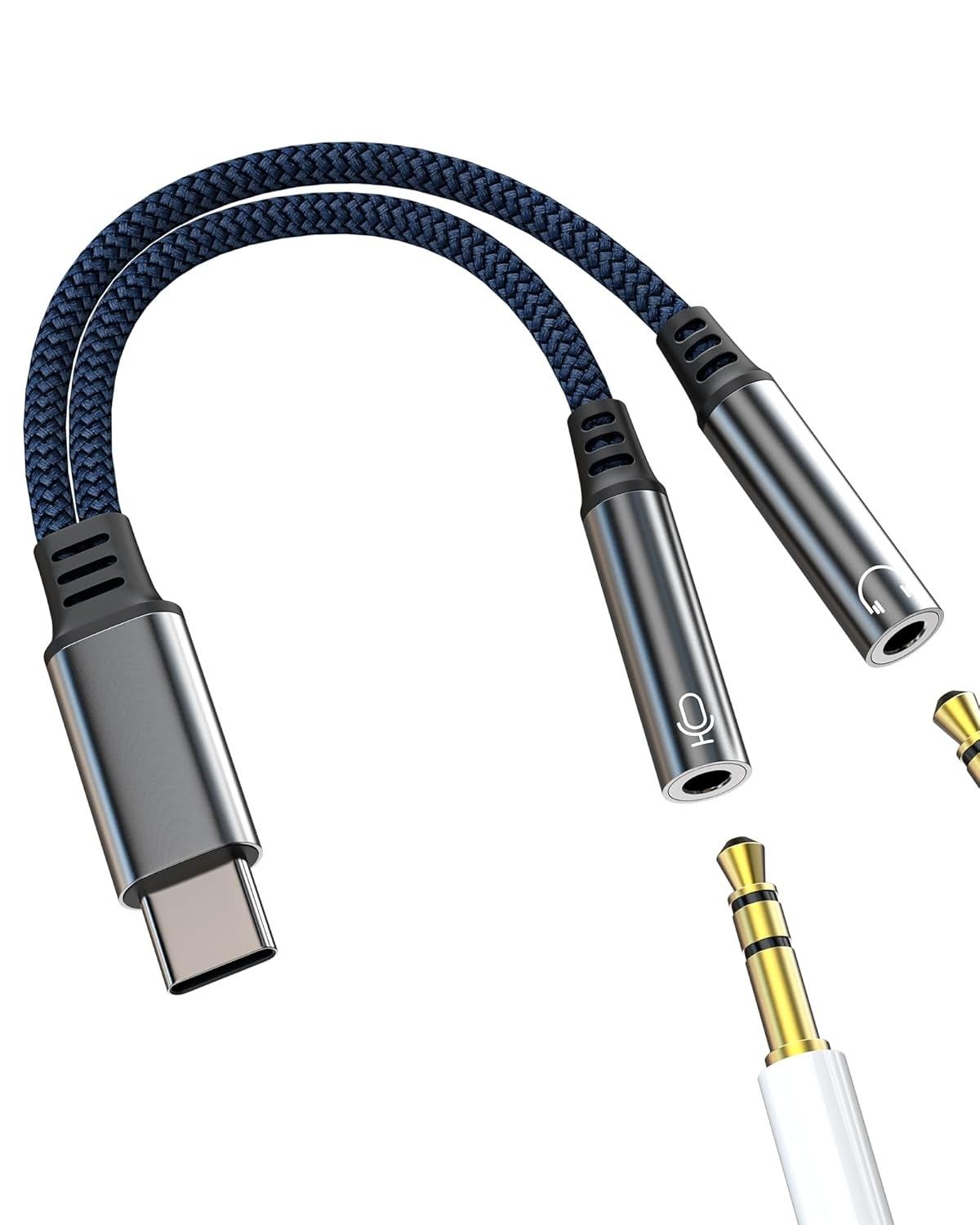 Adaptador USB C para 2x P2 (3.5mm) - Áudio e Microfone para iPhone 15/16 Pro Max e Android