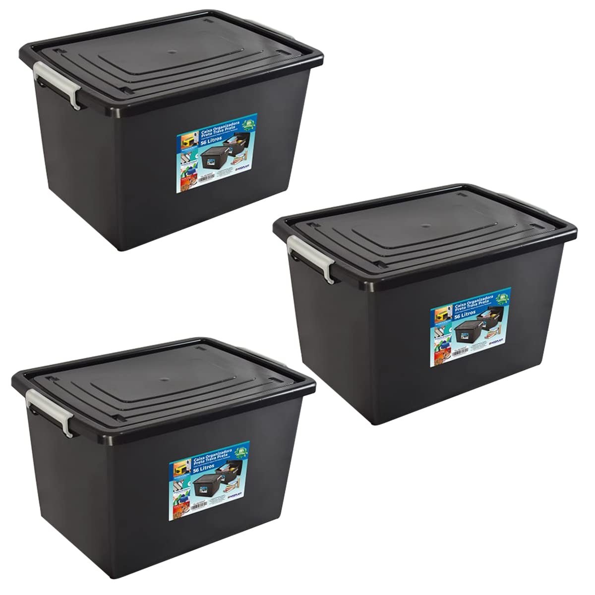Kit 3 Caixas Organizadoras 56L com Tampa e Trava - Arqplast Premium