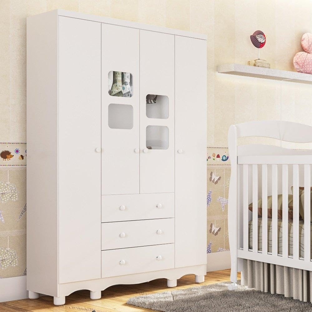 Guarda-Roupa de Bebê 4 Portas e 3 Gavetas Uli Móveis Peroba Branco Brilho – Organização e Estilo para o Quarto do Seu Pequeno