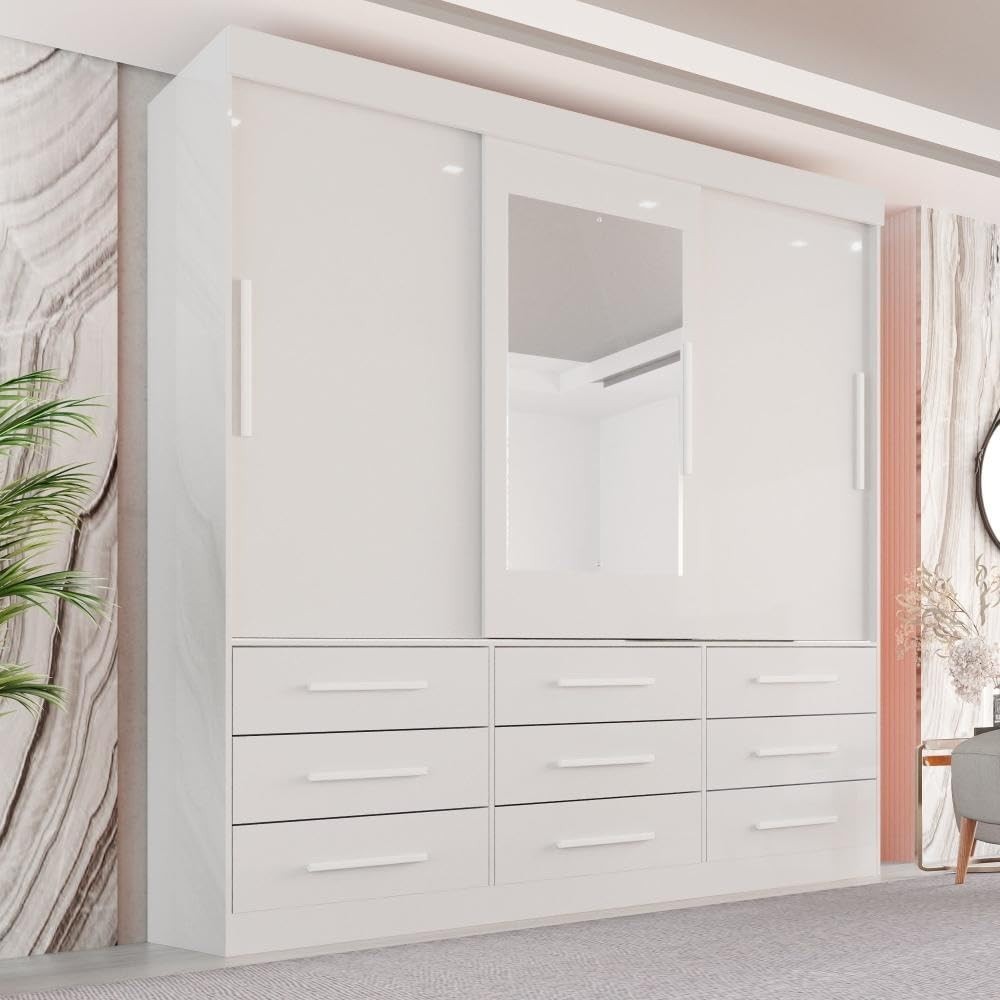Guarda-Roupa Casal 3 Portas 9 Gavetas com Espelho - Design Moderno e Ampla Organização