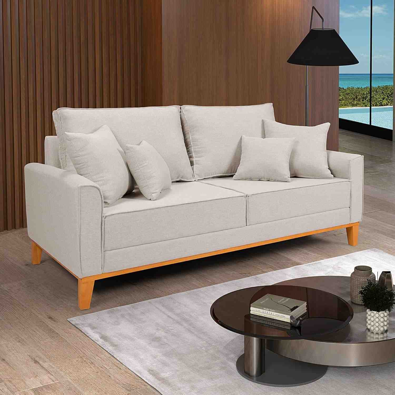 Sofá Living Beny 3 Lugares em Linho Cru com Base de Madeira | Conforto e Estilo para sua Sala