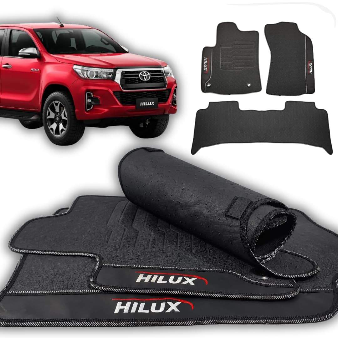 Jogo de Tapetes Emborrachados Premium Impermeável para Toyota Hilux 2019-2024 (3 Peças)