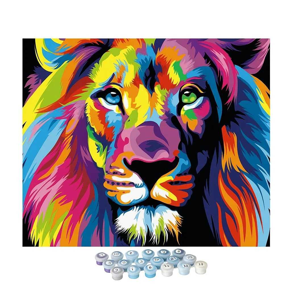 Kit de Pintura por Números Leão Colorido - Tela 30x40cm com Tintas Acrílicas e Pincéis