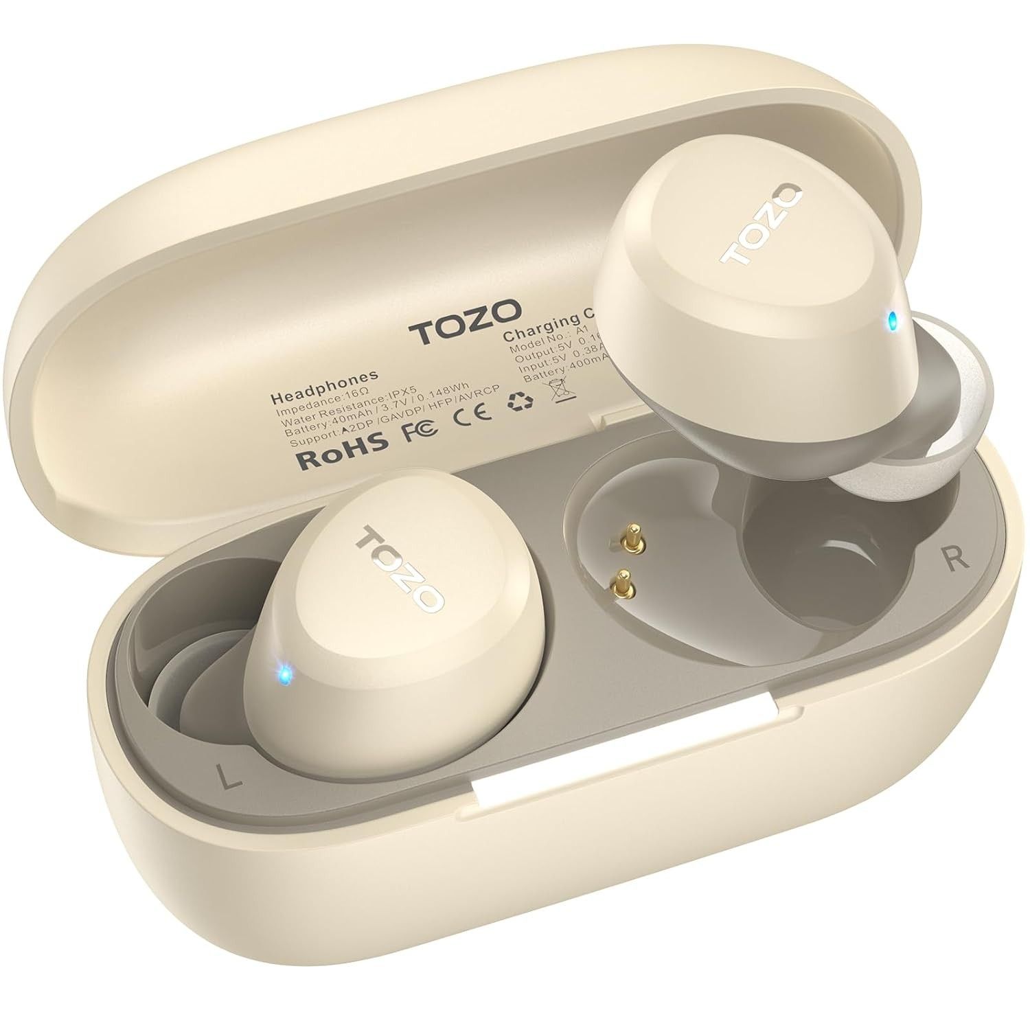 TOZO A1 2024: Fones de Ouvido Bluetooth 5.3 com 32h de Bateria e Som Imersivo | Cáqui Claro