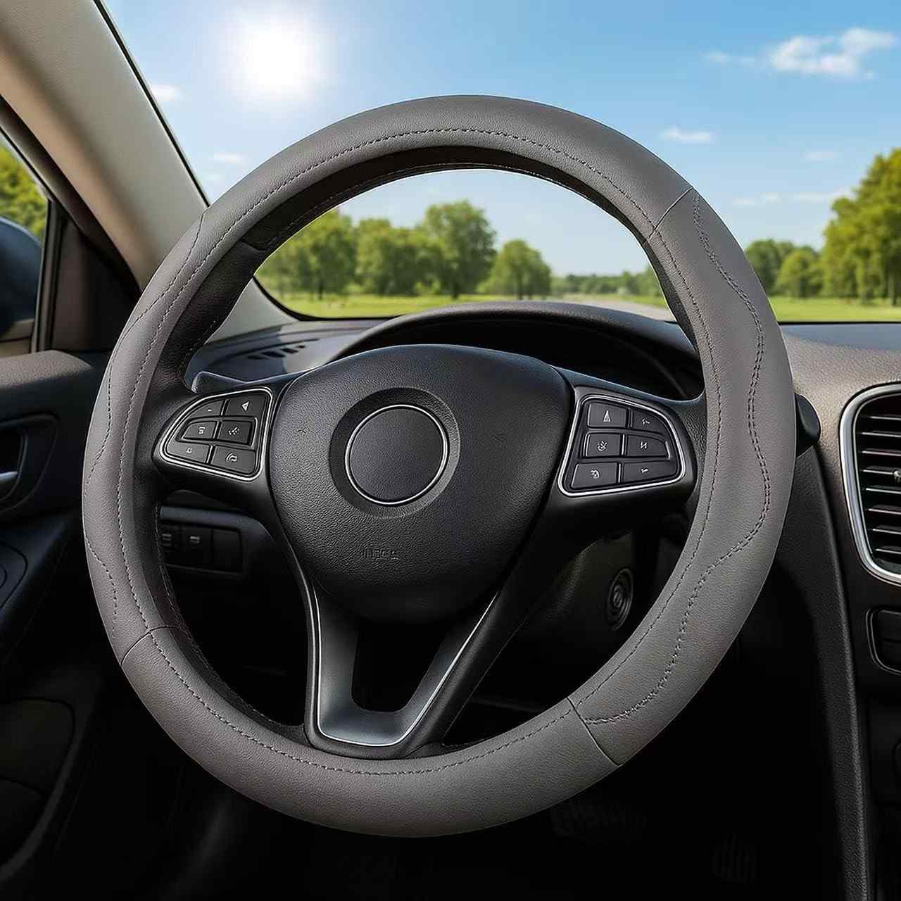 Capa de Volante Luxuosa em Couro PU Cinza - Conforto 3D e Antiderrapante para Carros