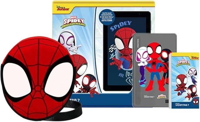 Tablet Infantil Positivo Vision Tab 7 Spidey - Octa-Core 3GB RAM 64GB, 7” IPS, Android 14 Go, Wi-fi - Capa e Bolsa - Preto