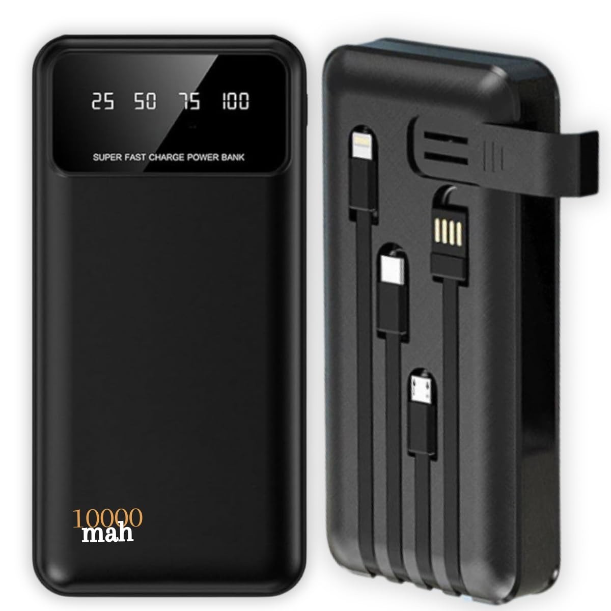 Power Bank 10000mAh Universal: 4 Cabos Integrados, Carregamento Rápido e Design Ultra Leve