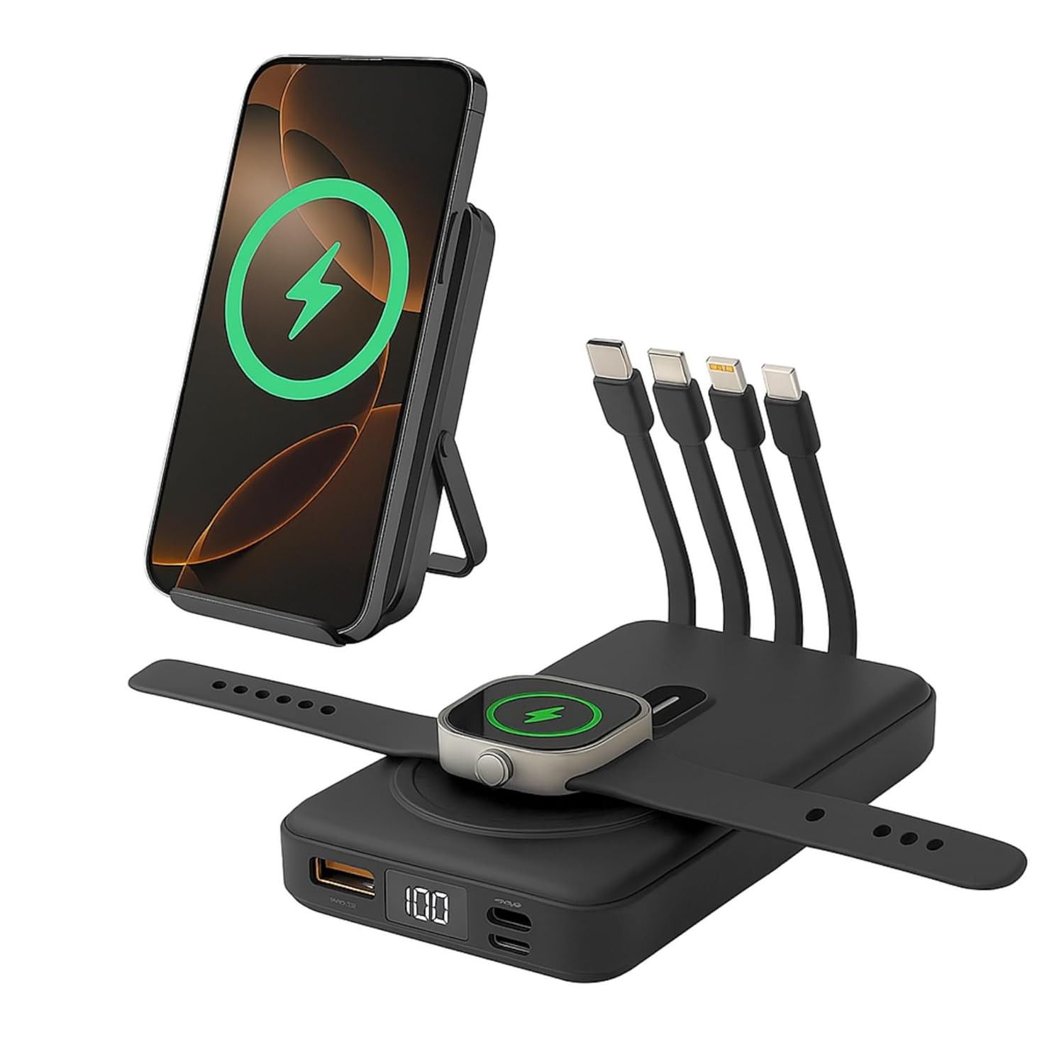 Power Bank 10.000mAh Indução Magnética, Carregamento Rápido e 4 Cabos Integrados (Preto)