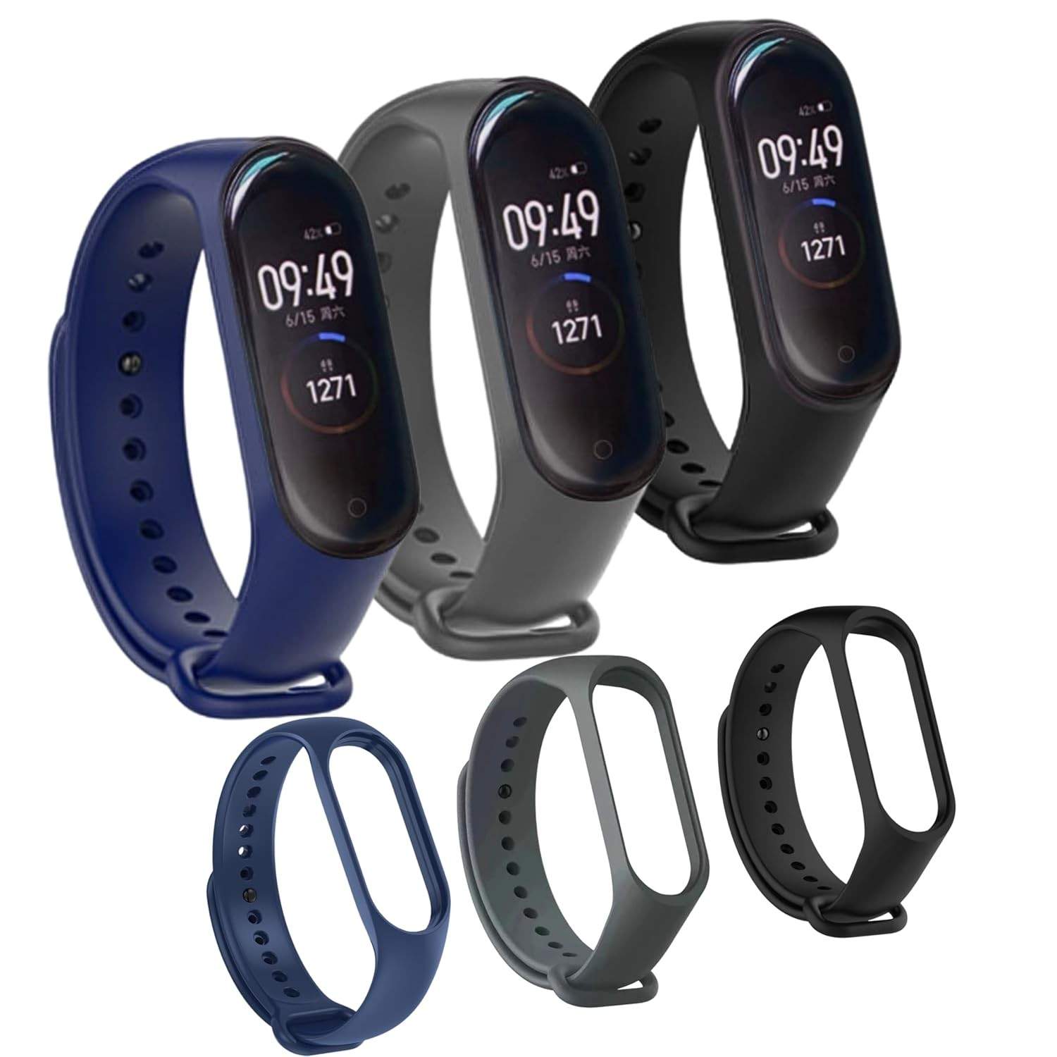 Kit 3 Pulseiras para MI Band 3 e 4 Cores Preto Azul e Cinza Silicone Bracelete Com Pino Resistente Prova DÁgua