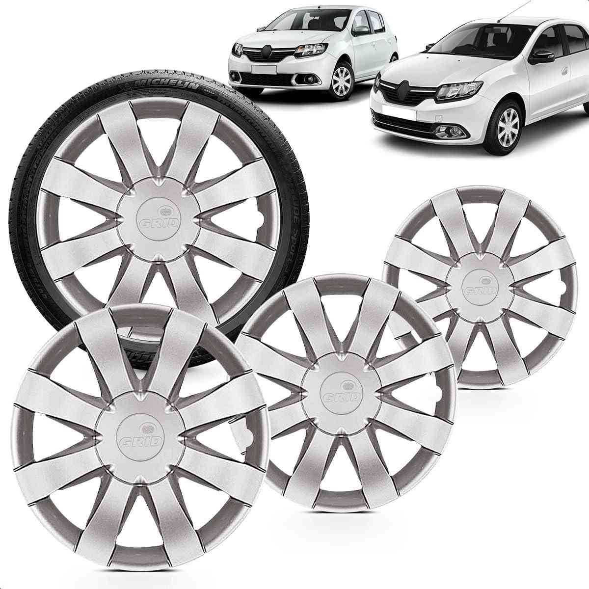 Kit 4 Calotas Sandero e Logan Aro 15 Prata - Design Grid Moderno