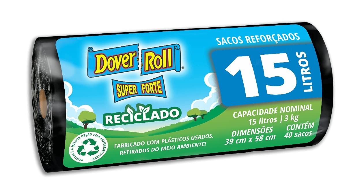 Dover-Roll Super Forte Reciclado 15L Preto - Rolo com 40 Sacos de Lixo Ecológicos
