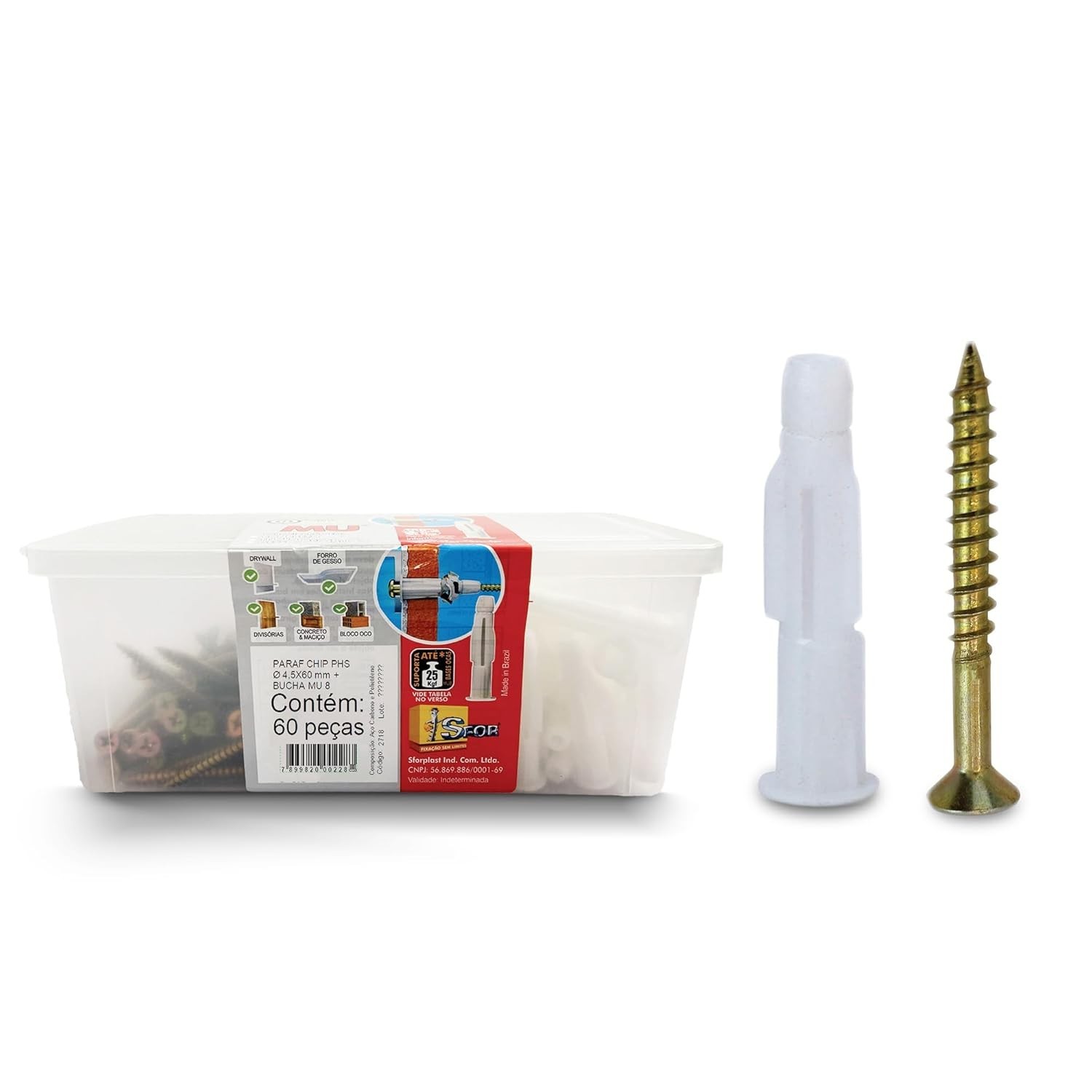 Sfor Bucha MU 8 com Parafuso Chipboard Phillips 4,5x60mm - Kit 120 Peças para Fixação Universal