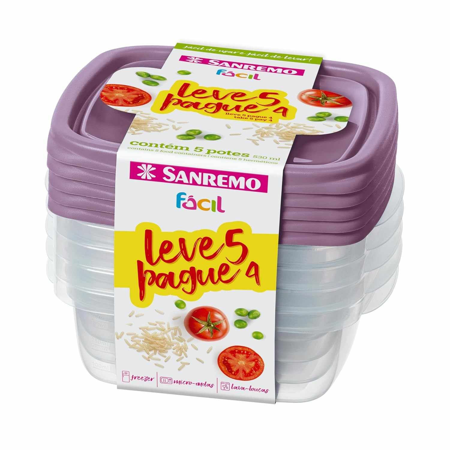 Conjunto de 5 Potes Plásticos Herméticos Sanremo 530ml - Linha Fácil