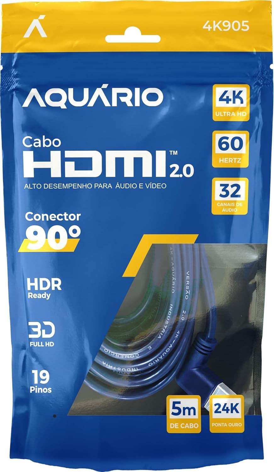 Cabo HDMI 90° 2.0 4K 3D 5 Metros: Conexão Impecável e Imersiva