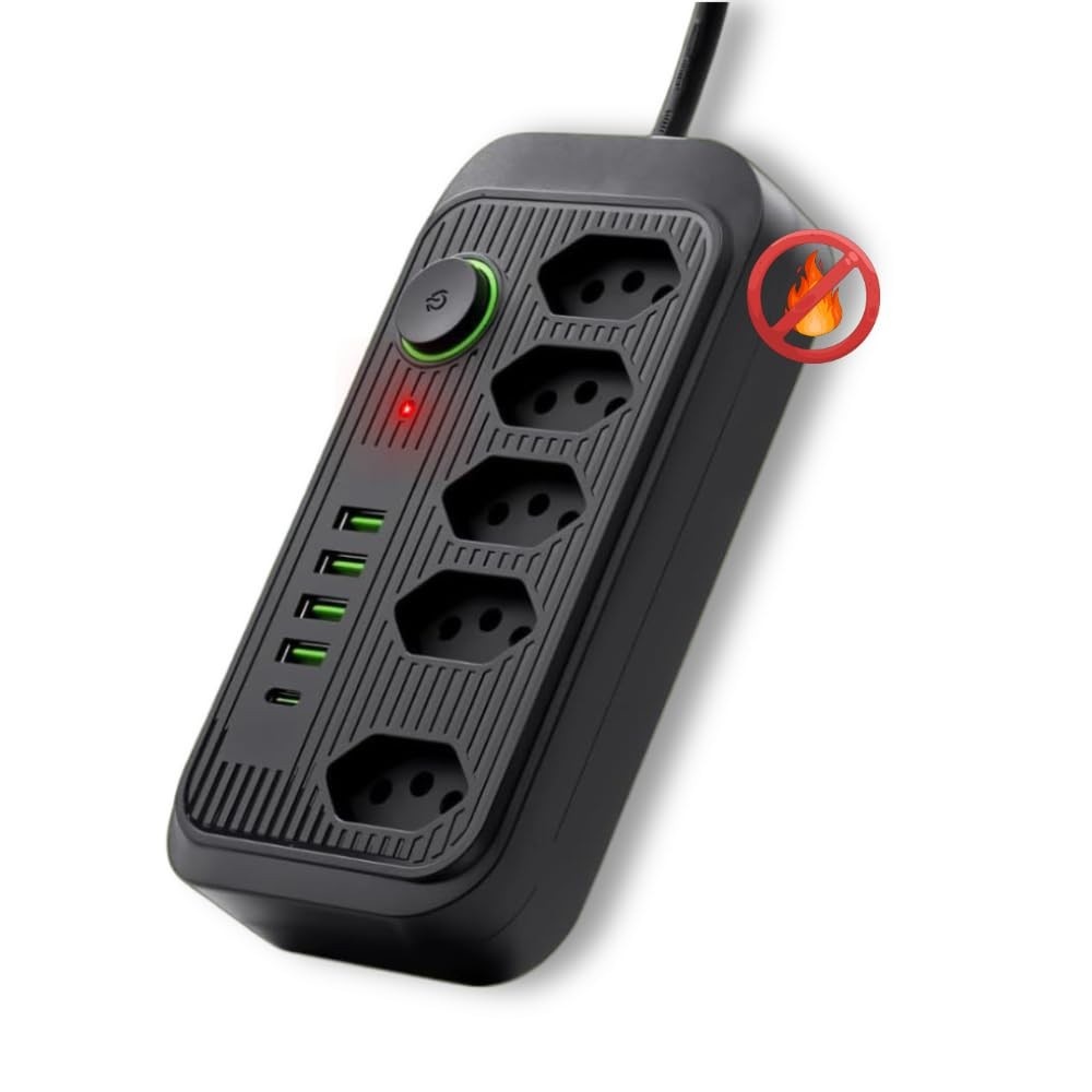 Régua de Energia Multifuncional: 5 Tomadas 3 Pinos + 4 USB + 1 USB-C | 2m Bivolt