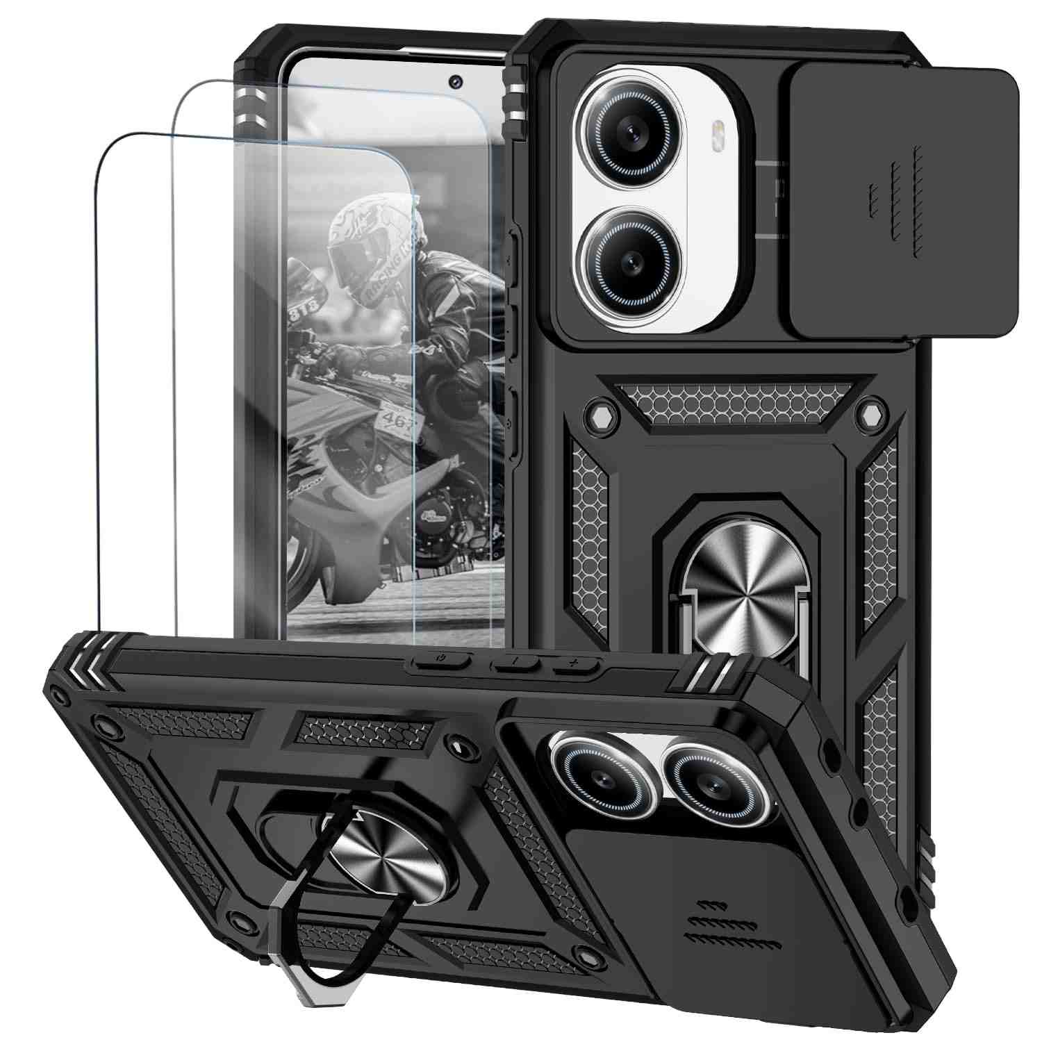 Capa Xiaomi Poco X7 Pro 5G Premium: Proteção Total com Janela Deslizante e Suporte Integrado - Preto