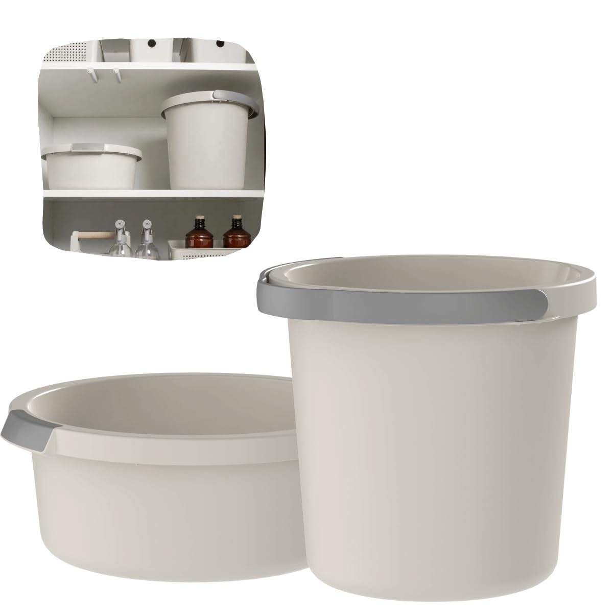 Kit de Limpeza Balde 8,5L + Bacia 5L Resistente - Conjunto Organizador para Lavanderia Bege