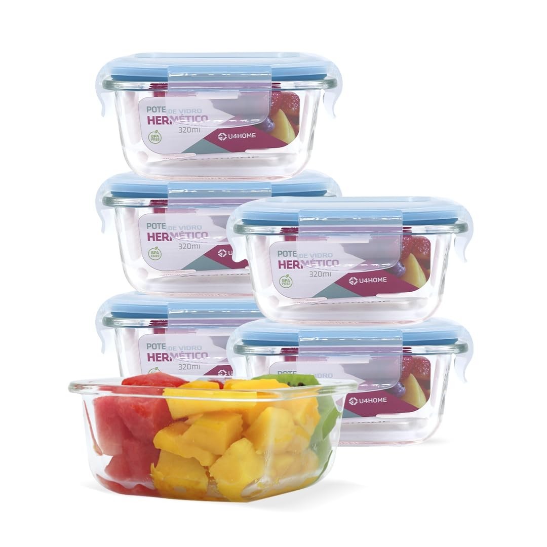 Kit 6 Potes de Vidro Quadrado com Tampa Hermética 320ml - Cor Azul | Organização Moderna e Frescor Duradouro