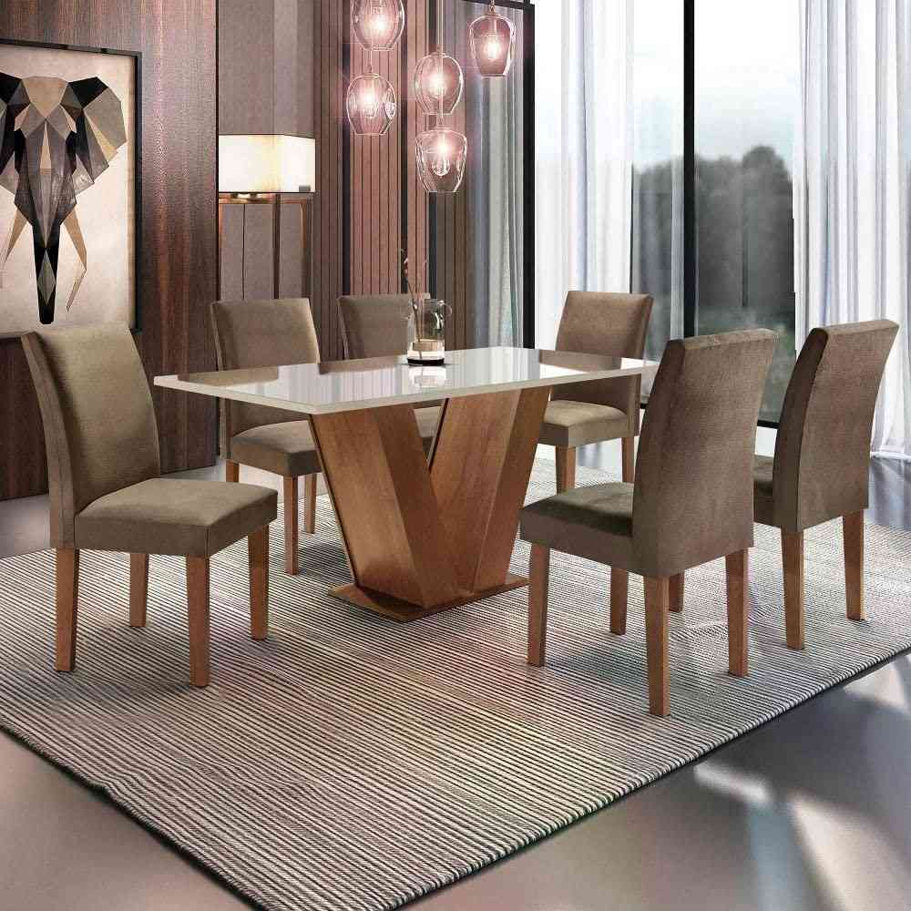 Conjunto Sala de Jantar com Mesa de Vidro e 6 Cadeiras - Design Moderno Espanha Espresso Móveis