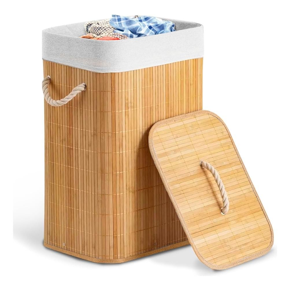 Cesto de Bambu para Roupas Suja 60L com Tampa - Design Natural e Prático para Lavanderia e Quarto