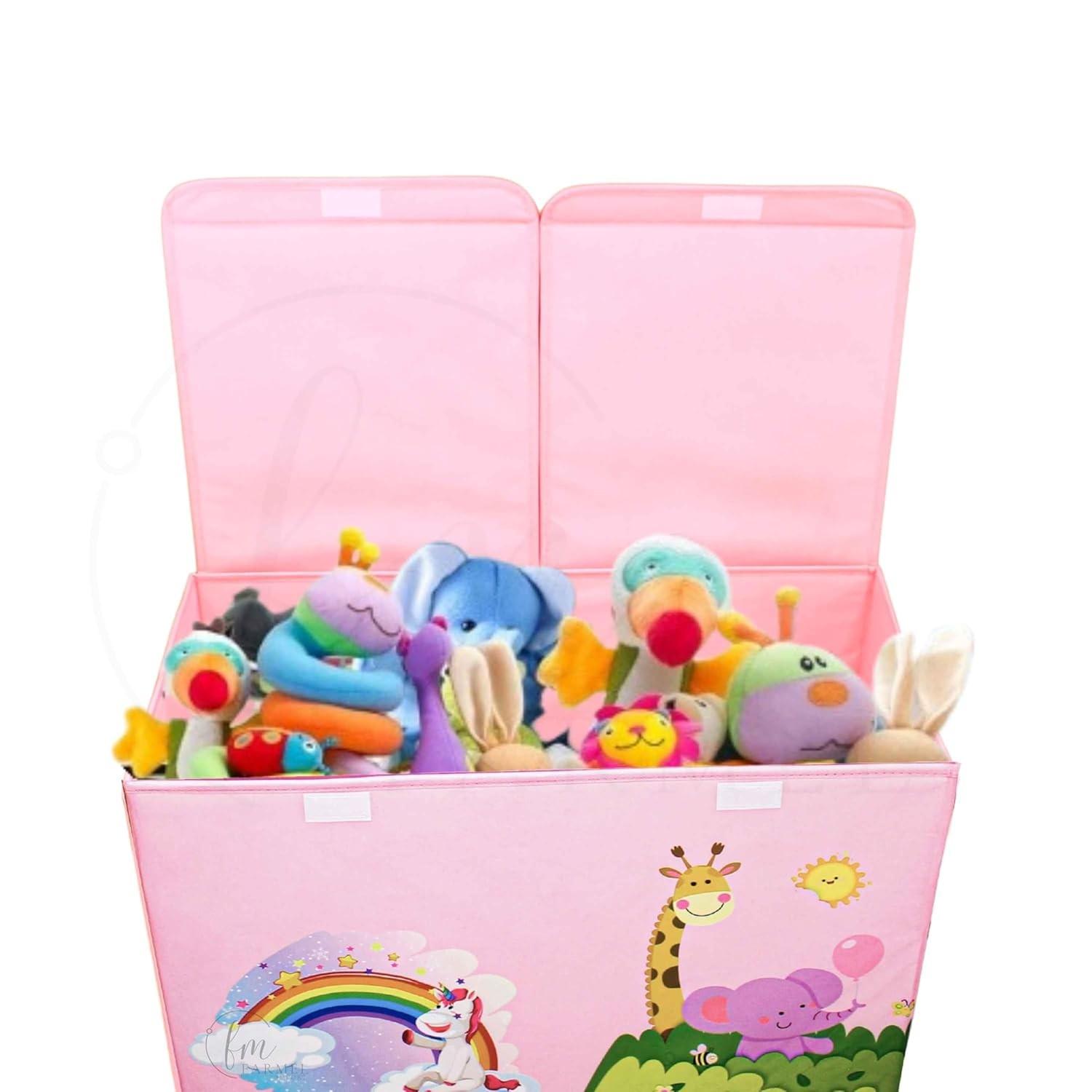 Baú de Brinquedos Rosa 60x40 cm | Caixa Organizadora Montável Estampada para Quarto Infantil
