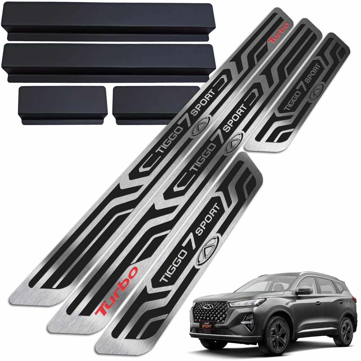 Soleiras Aço Inox Tiggo 7 Sport: Proteção e Estilo Premium com Vinil Protetor