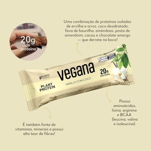 Hart's Natural Barra de Proteína Vegana 70g, Coco, Baunilha e Chocolate Amargo, 100% Natural, 20g de Proteína Vegetal, Sem Glúten, Sem Lactose, Snack Saudável Plant-Based com Energia Solar (12 unidades)