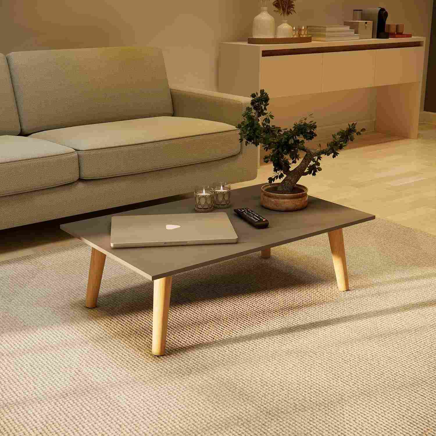 Mesa de Centro Moderna 80x42 cm Cinza - Tampo MDF e Pés em Madeira Maciça