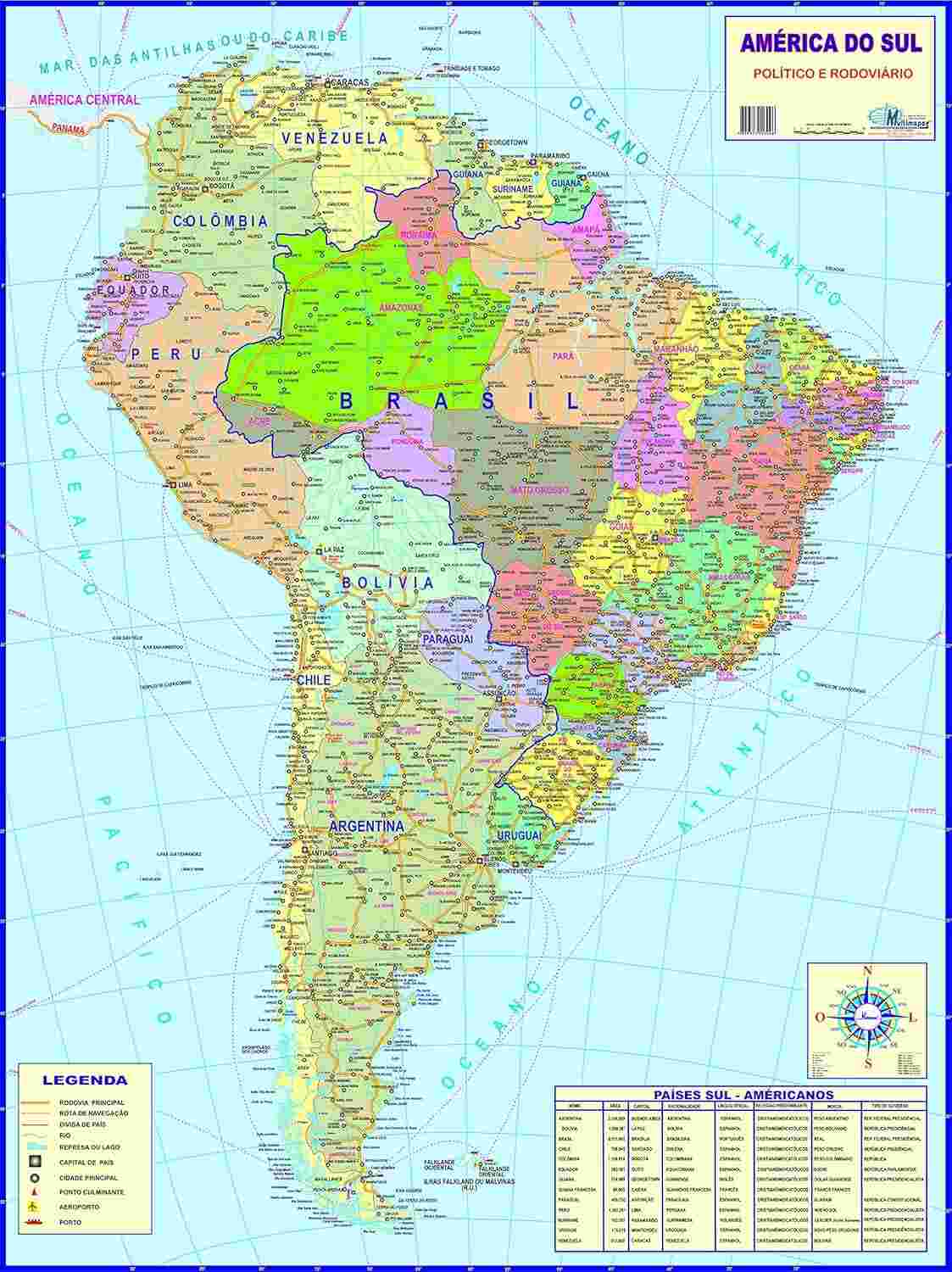 Mapa Político da América do Sul Gigante - 89x117cm em Português