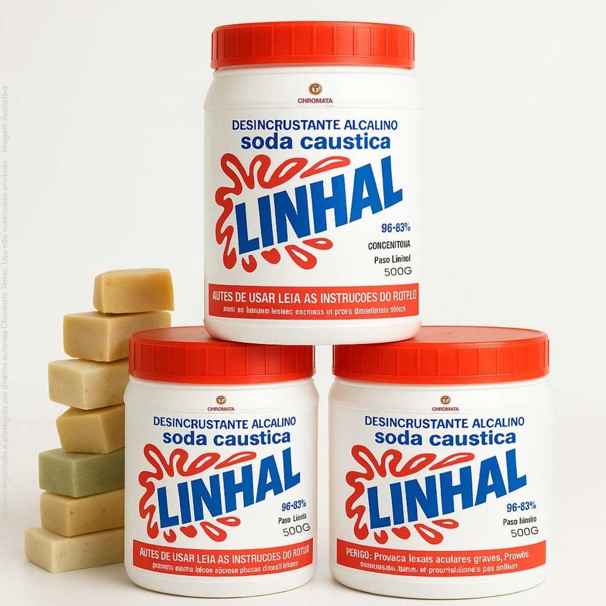 Kit 3x Soda Cáustica Pura Linhal 99% 500g - Desentupidor Potente e Versátil para Limpeza e Sabão Artesanal