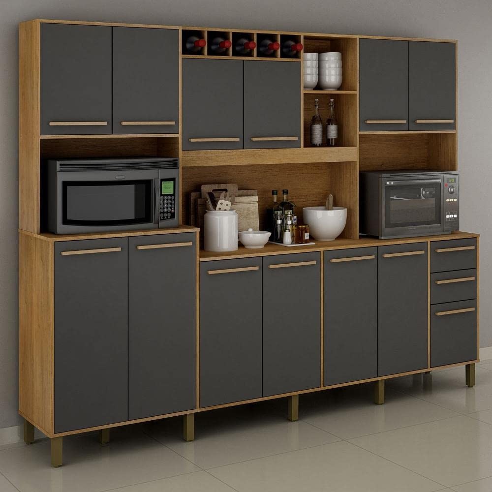 Armário para Cozinha 12 Portas 3 Gavetas Agata Valdemóveis Cinamomo/Grafite – Organização e Estilo em um Só Lugar