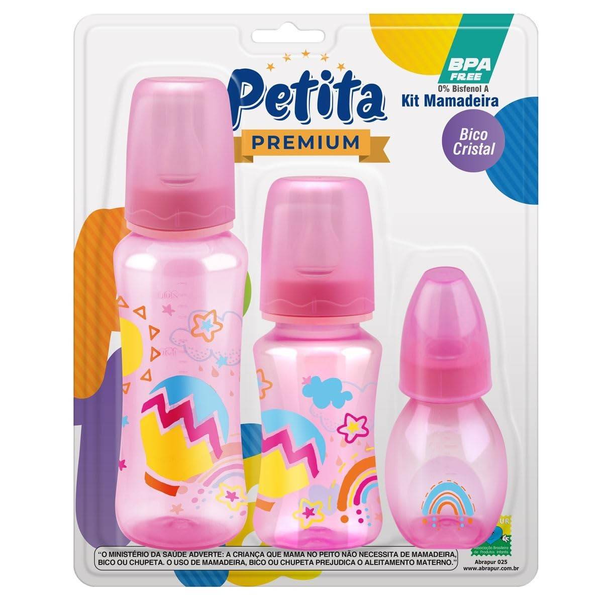 Kit Mamadeira Petita Acinturada 240/140/60ml com Bicos de PVC - Rosa