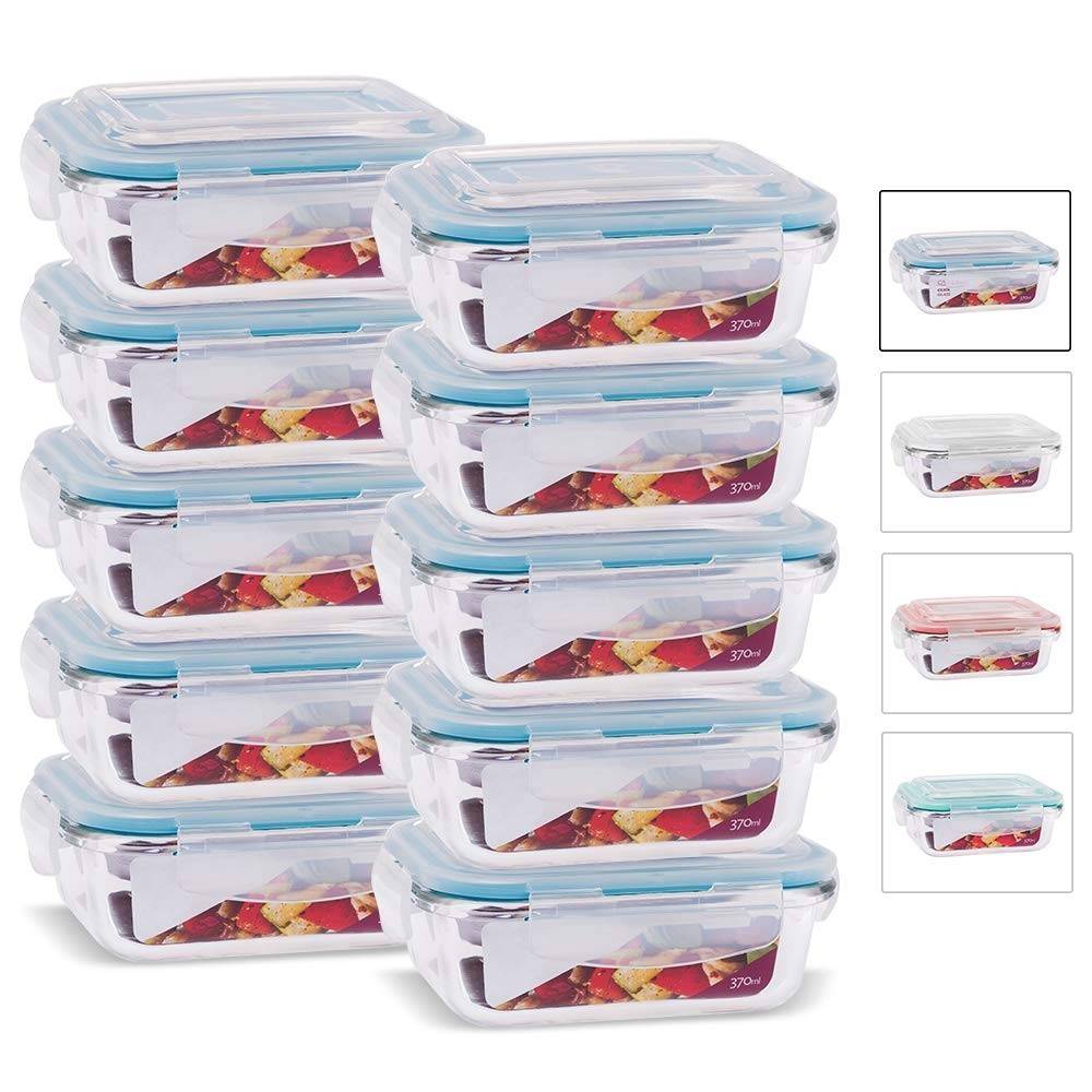 Kit 10 Potes de Vidro Retangular com Tampa Hermética 370ml Azul - Armazenamento Elegante e Seguro